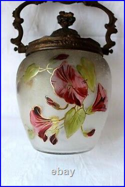 Antique French Legras Glass Biscuit Barrel Enamel Decoration 1890-1900