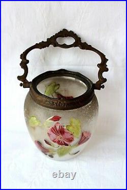 Antique French Legras Glass Biscuit Barrel Enamel Decoration 1890-1900