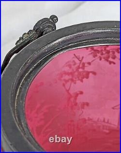 Antique Frosted Cranberry Glass Enamel Landscape Biscuit Cracker Barrel Jar