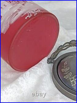 Antique Frosted Cranberry Glass Enamel Landscape Biscuit Cracker Barrel Jar