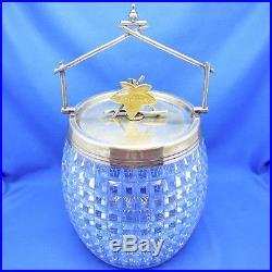 Antique Glass Basket Shaped BISQUITS Jar, Leaf Finial, Handle, SWEET