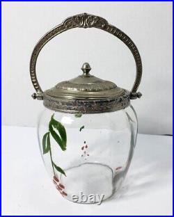 Antique Glass Biscuit Cracker Jar with Swing Handle & Hand Painted Berries