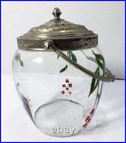Antique Glass Biscuit Cracker Jar with Swing Handle & Hand Painted Berries