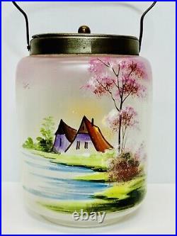 Antique Glass Biscuit Jar Cookie Barrel Hand Painted Enameled Silver Plated EPNS