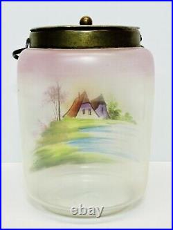 Antique Glass Biscuit Jar Cookie Barrel Hand Painted Enameled Silver Plated EPNS