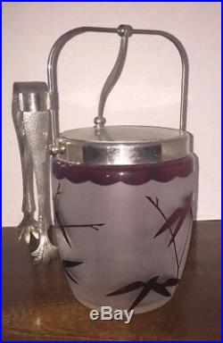 Antique Glass Biscuit Jar WithSP Lid And Rim And Handle includes Fork Bamboo red