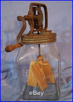 Antique Glass Jar Butter Churn 4 Quart Primitive WOOD Paddle & Crank Handle
