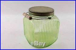 Antique Green Depression Glass Coffee Jar With Wood Bail Handle