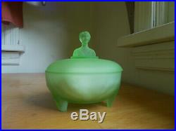 Antique Green Frosted Glass Covered Powder Jar Bust Of Lady Handle Footed Base