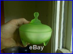 Antique Green Frosted Glass Covered Powder Jar Bust Of Lady Handle Footed Base