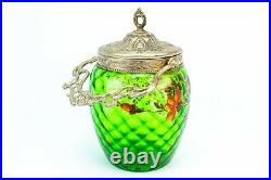 Antique Green Glass Jar Art Nouveau c1900 Ice Bucket Cookie Barrel Painted