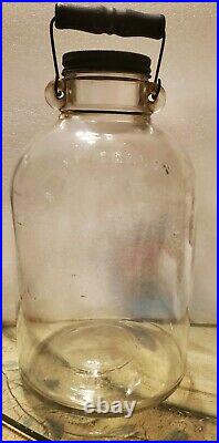 Antique Hand Blown Large 1 Gallon Glass Jar WithLid & Bale Handle