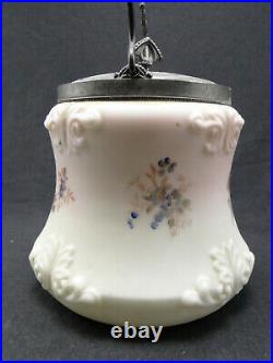 Antique Hand Painted Floral Wavecrest Glass Biscuit Barrel Jar w Lid & Handle