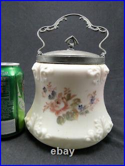 Antique Hand Painted Floral Wavecrest Glass Biscuit Barrel Jar w Lid & Handle