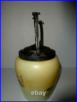 Antique Hand Painted Victorian Glass Biscuit Jar With Silver LID And Swing Handl