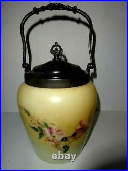 Antique Hand Painted Victorian Glass Biscuit Jar With Silver LID And Swing Handl