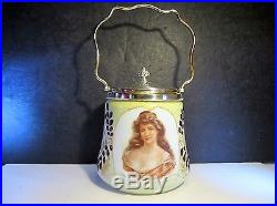 Antique Hand Painted Victorian Lady Bust Handled Milk Glass Biscuit Cracker Jar