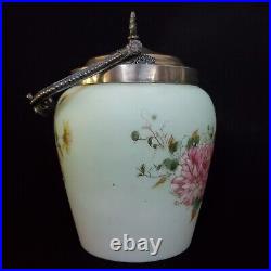 Antique Hand Painted Victorian Mt Washington Satin Glass Biscuit Jar 8.5