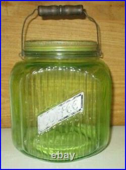 Antique Hoosier Anchor Hocking Green Vaseline Ribbed Glass Coffee Jar & Handle