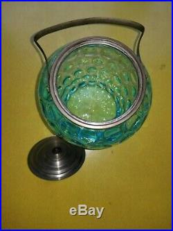 Antique Inverted Blue Coin Dot Glass Handled Biscuit Jar with Lid RARE GORGEOUS