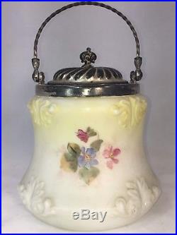 Antique LARGE WAVECREST 7 Tall Floral BISCUIT CRACKER JAR with Lid & Handle