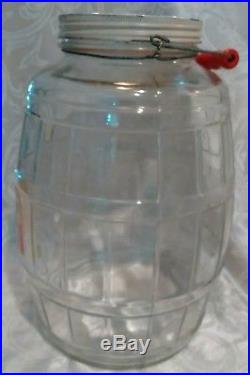 Antique Large Barrel Glass Pickle Jar WithLid, Red wood Handle Org. Label