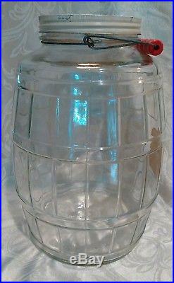 Antique Large Barrel Glass Pickle Jar WithLid, Red wood Handle Org. Label