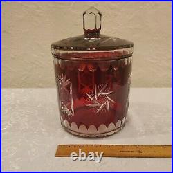 Antique Large Burgundy Cut To Clear Bohemian Czec Art Glass Bisket Jar