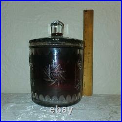 Antique Large Burgundy Cut To Clear Bohemian Czec Art Glass Bisket Jar