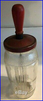 Antique Large Glass Jar Mixer With Red Original Lid and Red Wood Handle -11 1/4