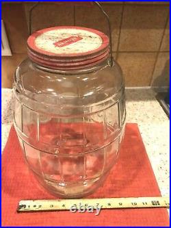 Antique Large Glass Pickle Jar Red Armour Lid Bail Handle Wood Grip