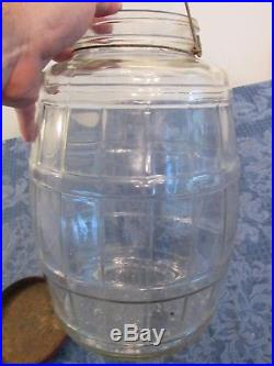 Antique Large Glass Pickle Jar Red Lid Bail Handle Wood Grip 13.5