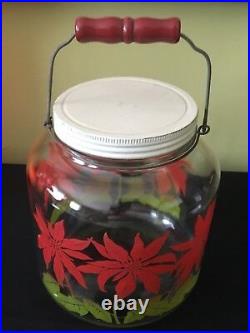 Antique Large Glass Red Christmas Poinsettia Wire Bale Wood Handle 1G Jar Bottle
