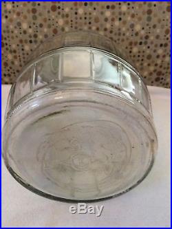 Antique Lg Barrel Clear Glass Jar/Bottle with White Tin Lid Wood Handle Rare
