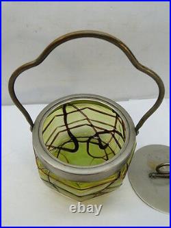 Antique Loetz Bohemian Threaded Art Glass Pickle Castor Jam Jar LID Iridescent