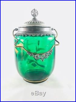 Antique Mary Gregory Green Glass Biscuit Jar with Handle Gold Floral & Girl