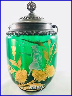 Antique Mary Gregory Green Glass Biscuit Jar with Handle Gold Floral & Girl