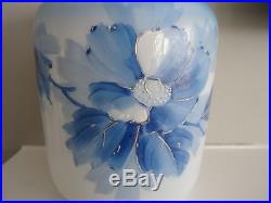 Antique Milk Glass Hand Painted Metal Handled Enameled BISCUIT JAR Blue Flower