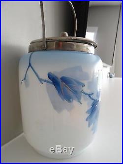 Antique Milk Glass Hand Painted Metal Handled Enameled BISCUIT JAR Blue Flower