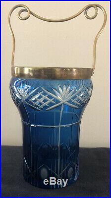 Antique Moser Bohemian Cobalt Cut To Clear Crystal Handled Ice Service Jar