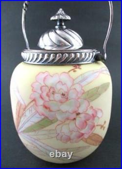 Antique Mt. WASHINGTON / Crown Milano PEONIES art glass BISCUIT cracker JAR