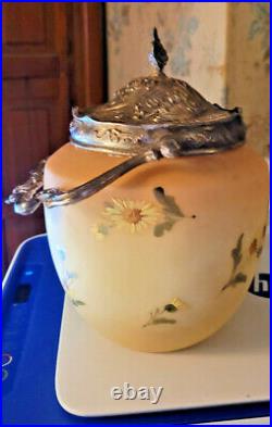 Antique Mt. Washington Burmese Opal Ware Hand Enameled Biscuit Barrel Handled Jar