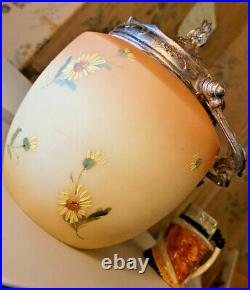 Antique Mt. Washington Burmese Opal Ware Hand Enameled Biscuit Barrel Handled Jar