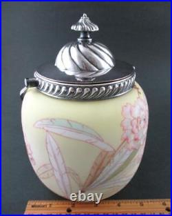 Antique Mt. Washington CROWN MILANO art glass BISCUIT cracker JAR Pink PEONIES