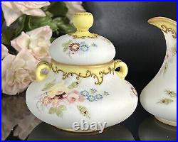 Antique Mt Washington Glass Crown Milano Creamer & Sugar Jar Lidded Floral