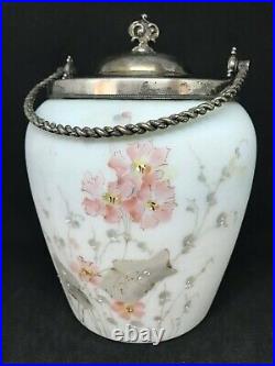 Antique Mt Washington/Pairpoint Biscuit Jar Covered In Pink Flowers