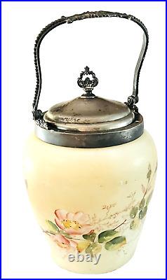 Antique Mt Washington Victorian Glass Handpainted Wild Roses Cracker Biscuit Jar