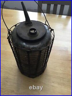 Antique Oil Glass Metal Cage Kerosine Lamp Jar Bottle Dispenser Can Wood Handle