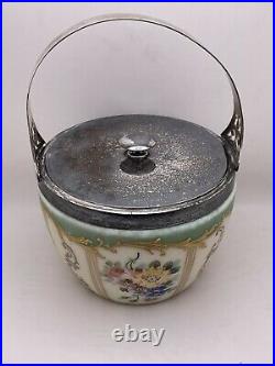 Antique PAIRPOINT Hand Enameled Flowers Metal Lidded Biscuit Jar with Handle