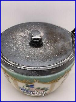 Antique PAIRPOINT Hand Enameled Flowers Metal Lidded Biscuit Jar with Handle